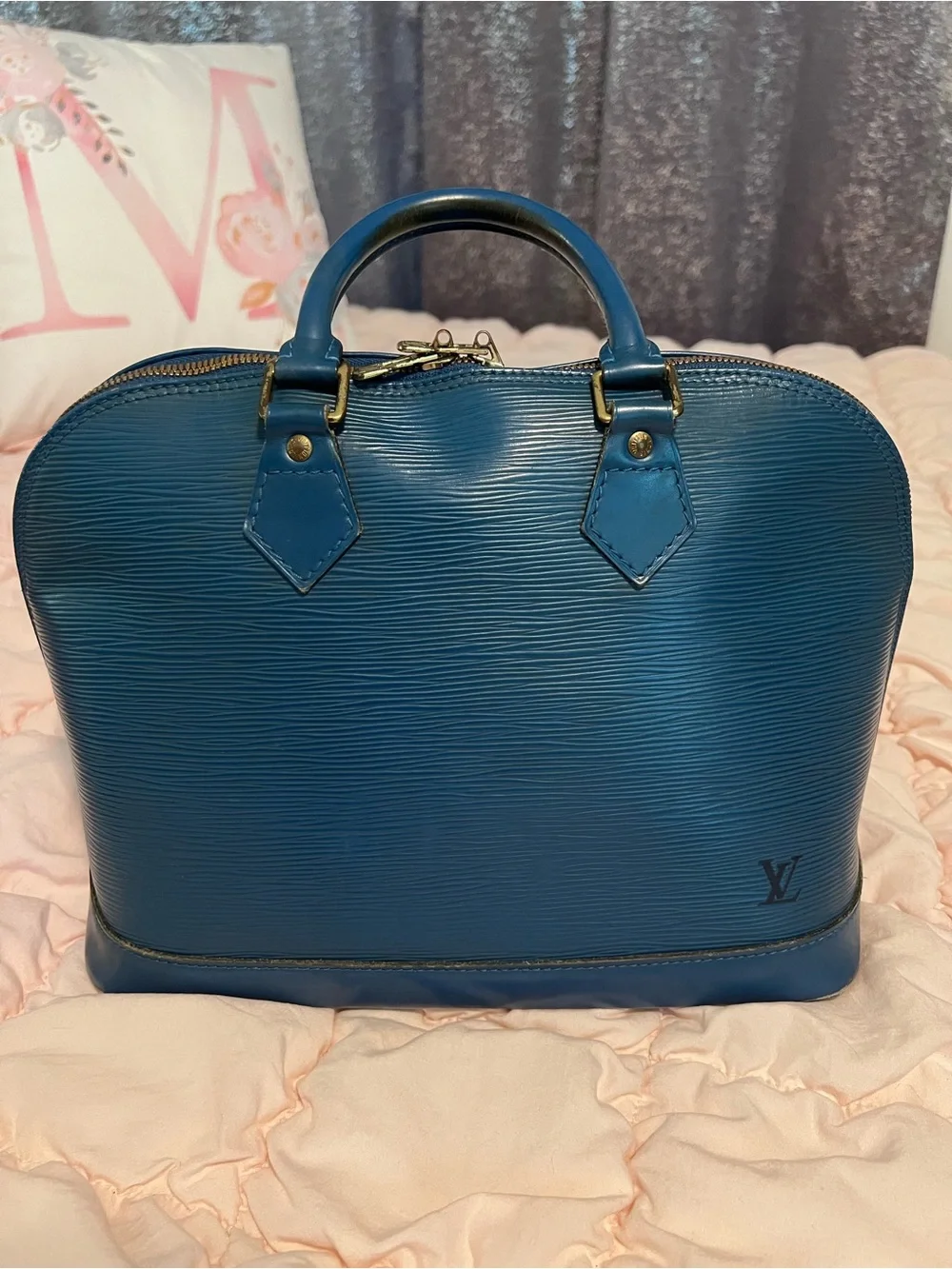Authentic Louis Vuitton Blue Epi Leather Alma Satchel with Matching Card Holder